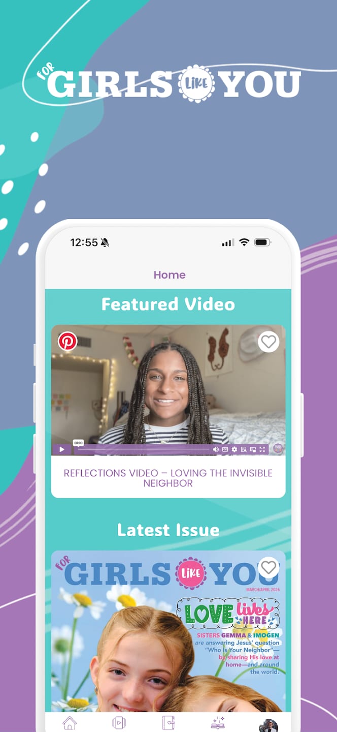 For Girls Like You app showing a featured video and the latest magazine issue