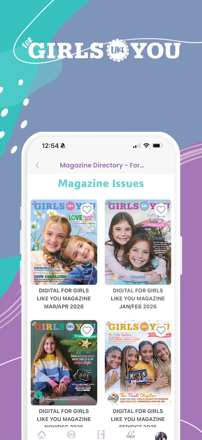 For Girls Like You app magazine issues library showing multiple past digital issues