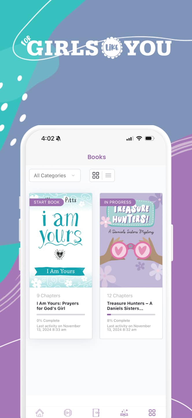 For Girls Like You app books section showing I Am Yours and Treasure Hunters titles